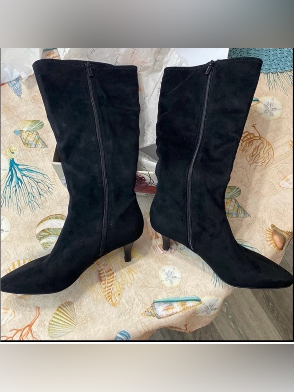 Amelia Grace Black Suede Mid-Calf Kitten Heel Boots